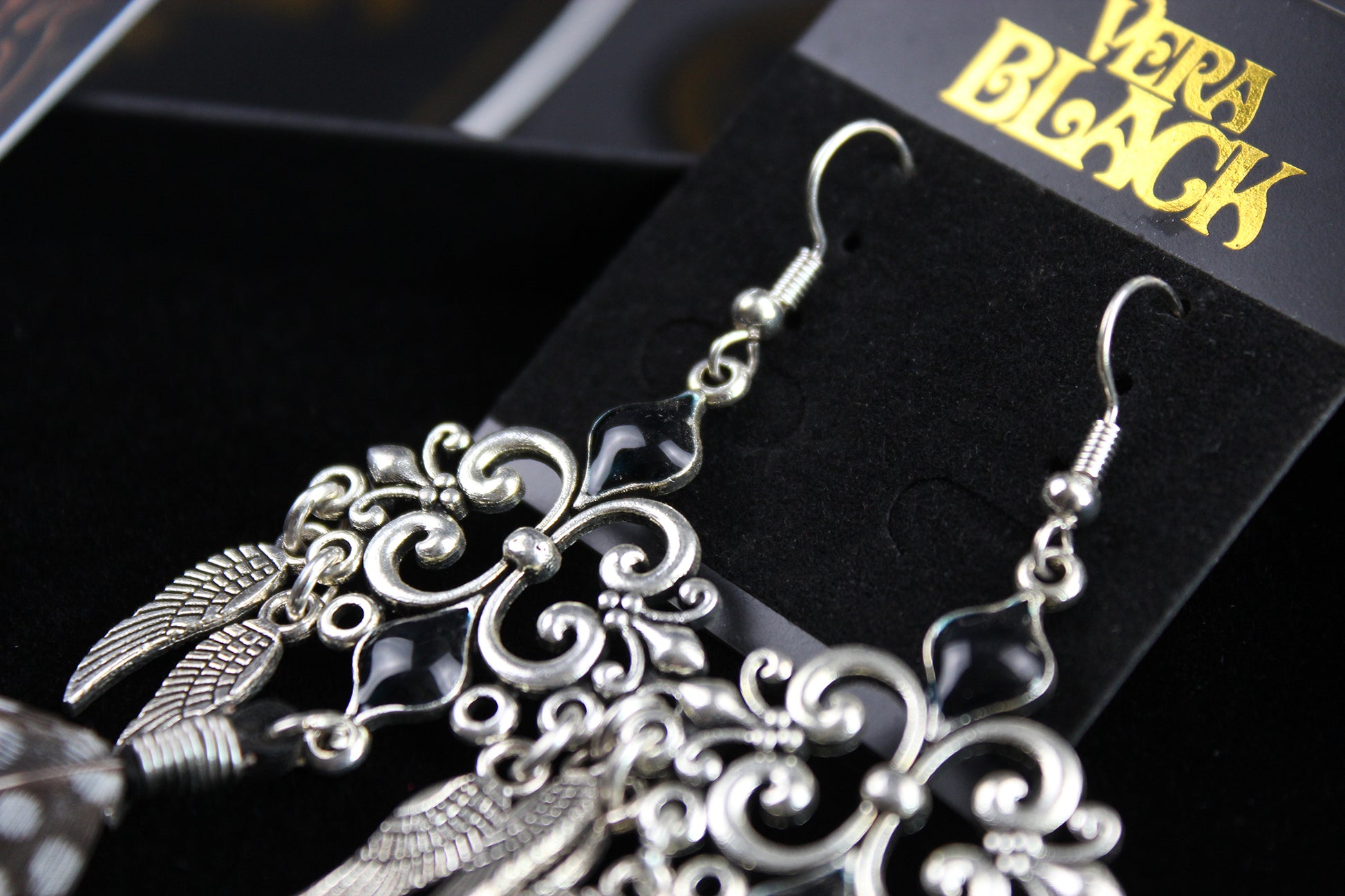 Black Smoke Feather Earrings - Black & Silver Filigree Asymmetrical Feather Earrings