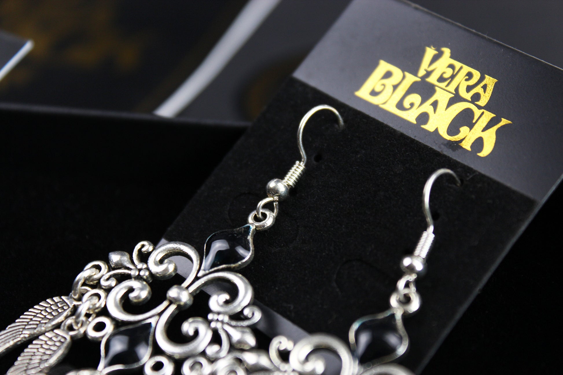 Black Smoke Feather Earrings - Black & Silver Filigree Asymmetrical Feather Earrings