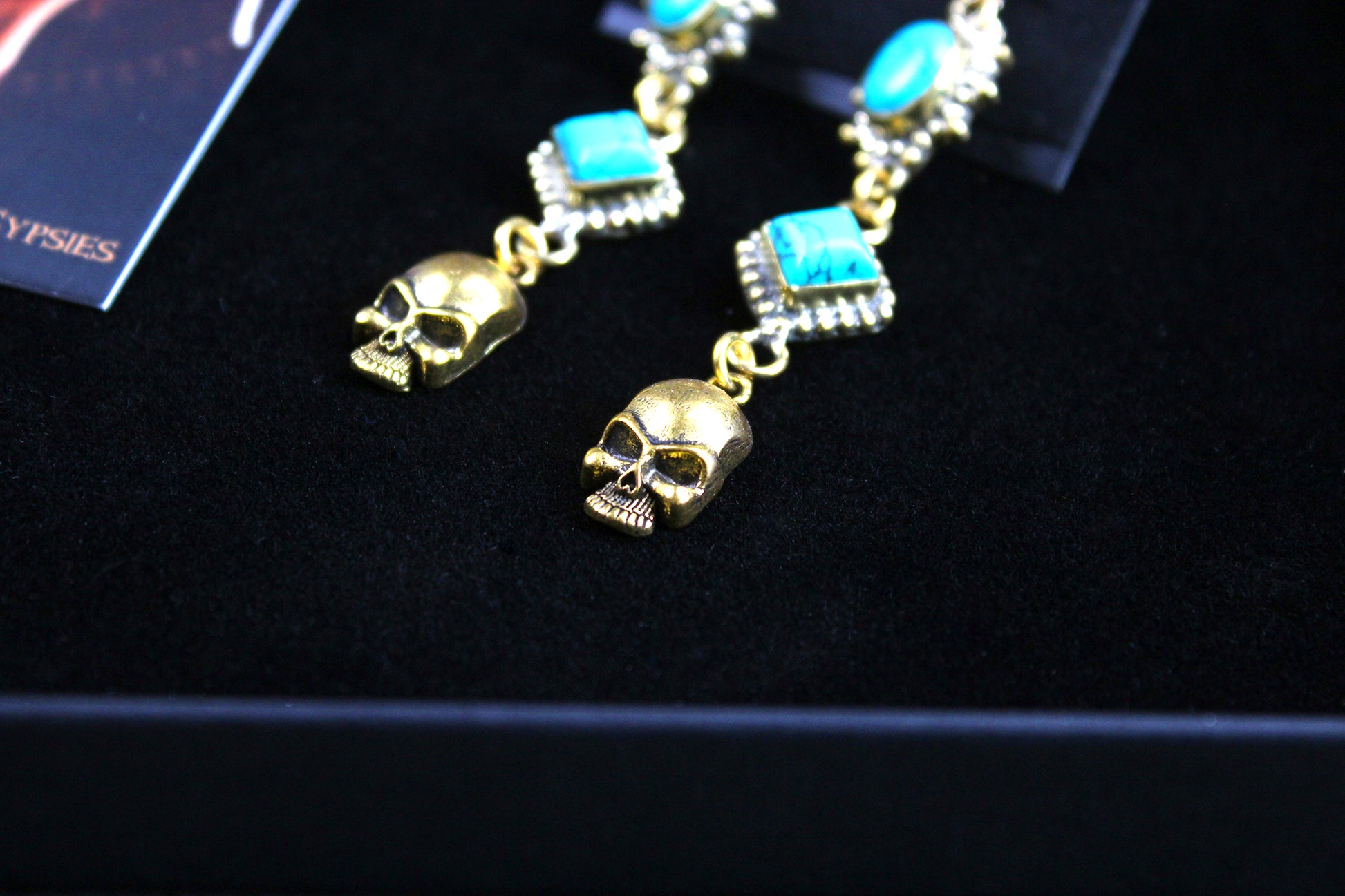 Turquoise Skull Earrings: Triple Layer Gold & Turquoise Dangle Drop Earrings