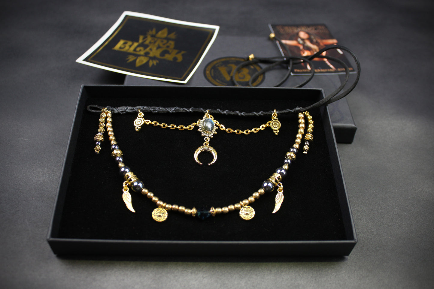 Hematite & Labradorite Choker : 3 in 1 Bohemian Anklet Armband Choker With Gold Detailing