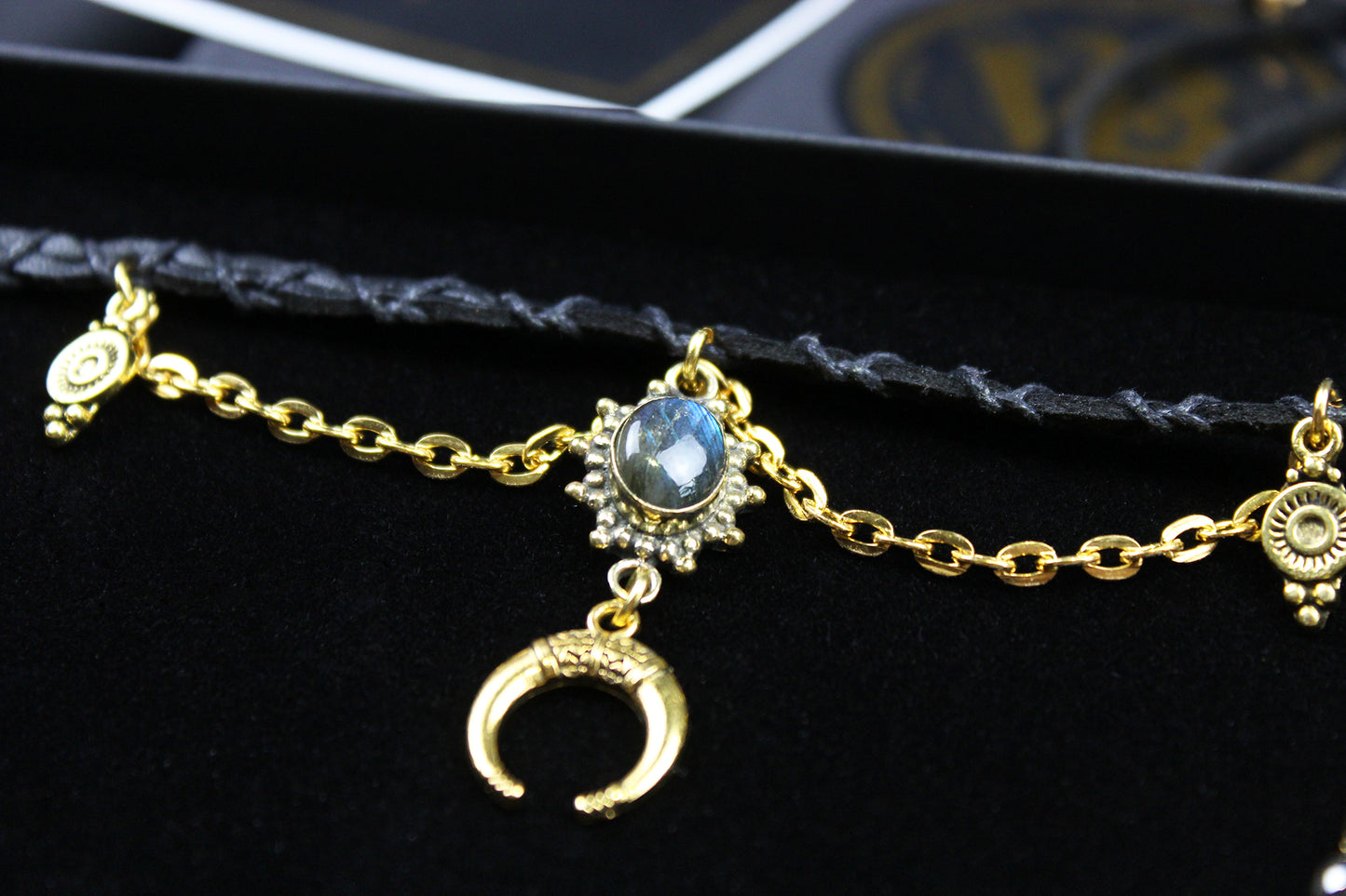 Hematite & Labradorite Choker : 3 in 1 Bohemian Anklet Armband Choker With Gold Detailing