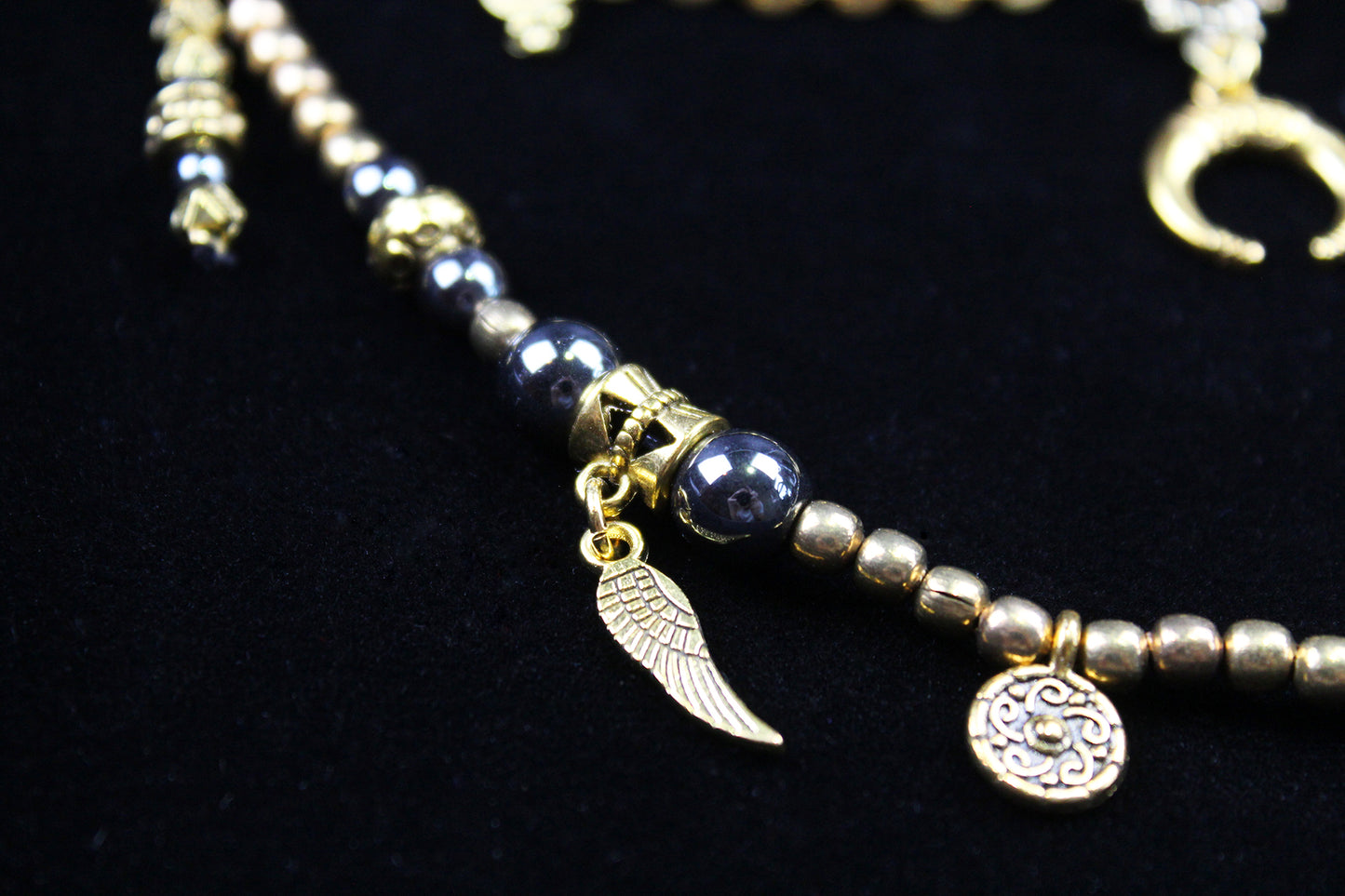 Hematite & Labradorite Choker : 3 in 1 Bohemian Anklet Armband Choker With Gold Detailing