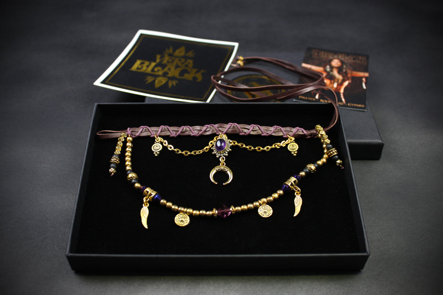 Harlequin : Bohemian Amethyst Gold Anklet, Armband Choker - 3 in 1 Elegant Hippie Festival Style Necklace