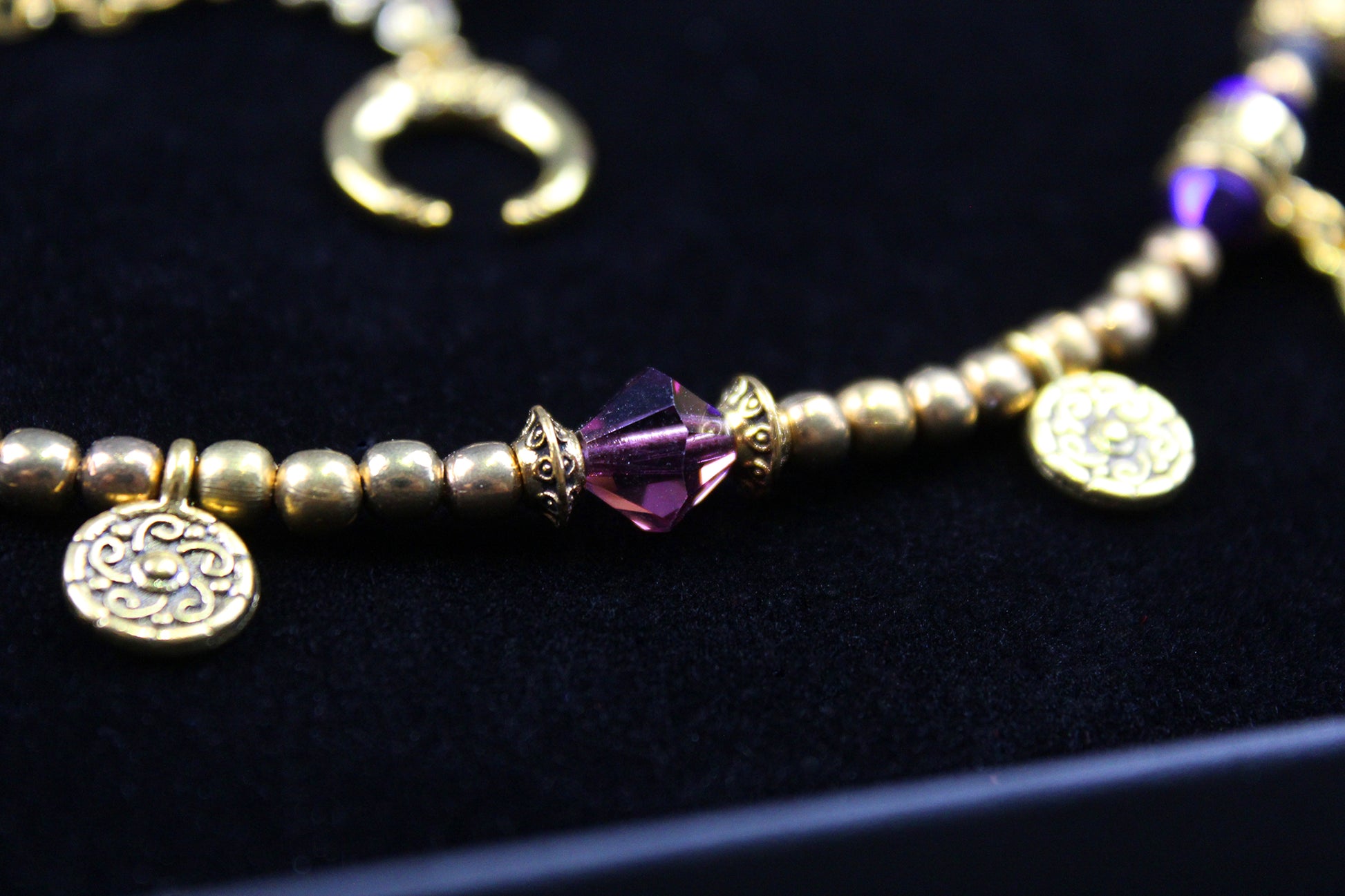 Harlequin : Bohemian Amethyst Gold Anklet, Armband Choker - 3 in 1 Elegant Hippie Festival Style Necklace