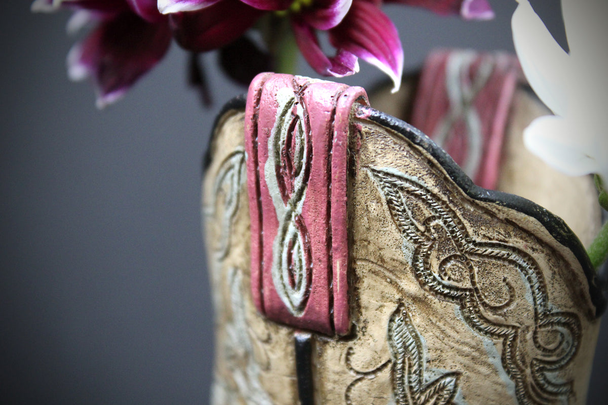 Small Cowboy Boot Vase - version 3 - pink & turquoise cowboy boot vase