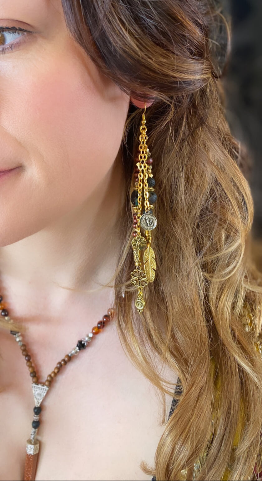 The Red Sun Earring Set - beaded layered dangle and drop earring set, elegant red and gold pair of earrings, boho rock n roll style earrings