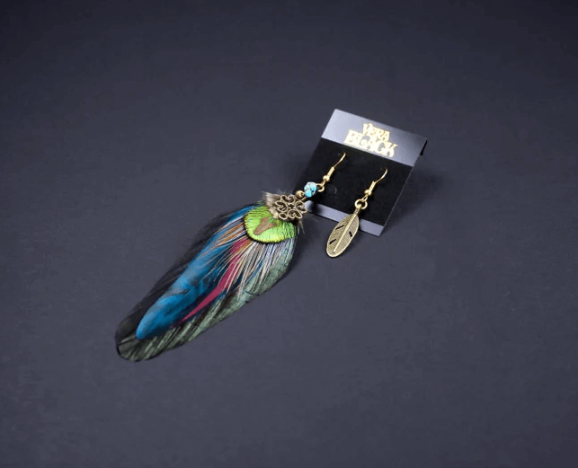 Teal & Bronze Feather Detailed Earrings, teal green burgundy and black feather earrings, turquoise stone. rock and roll earrings.