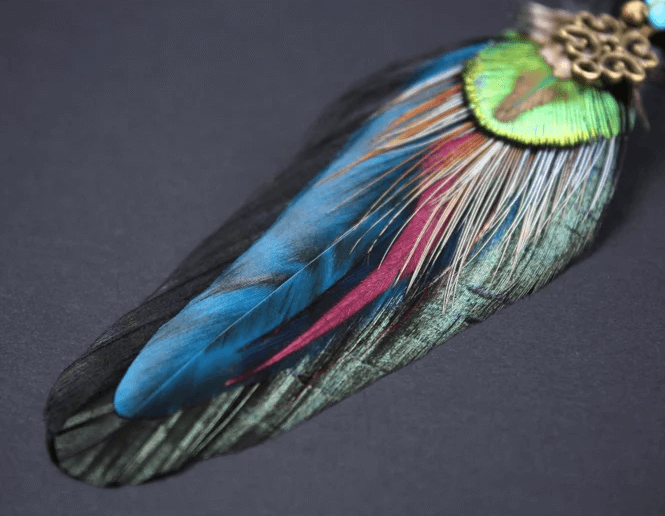Teal & Bronze Feather Detailed Earrings, teal green burgundy and black feather earrings, turquoise stone. rock and roll earrings.