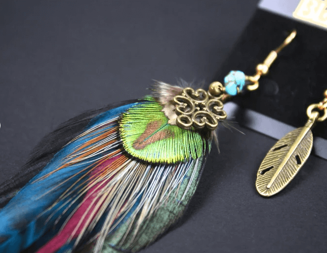 Teal & Bronze Feather Detailed Earrings, teal green burgundy and black feather earrings, turquoise stone. rock and roll earrings.