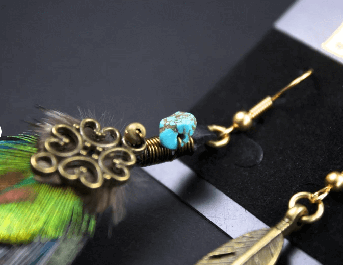 Teal & Bronze Feather Detailed Earrings, teal green burgundy and black feather earrings, turquoise stone. rock and roll earrings.