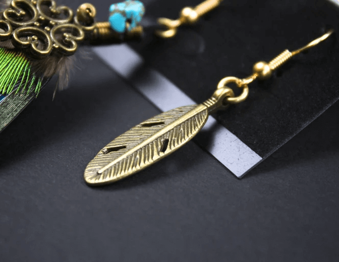 Teal & Bronze Feather Detailed Earrings, teal green burgundy and black feather earrings, turquoise stone. rock and roll earrings.