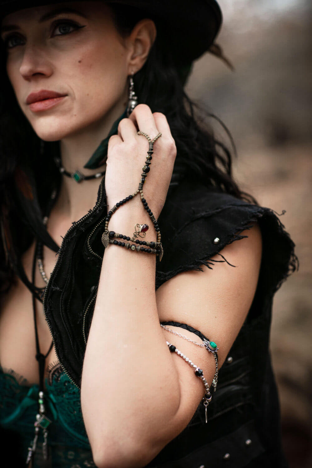 Red Garnet Black Beaded Finger Bracelet - layered finger bracelet - elegant black and bronze detailed - bohemian gypsy style