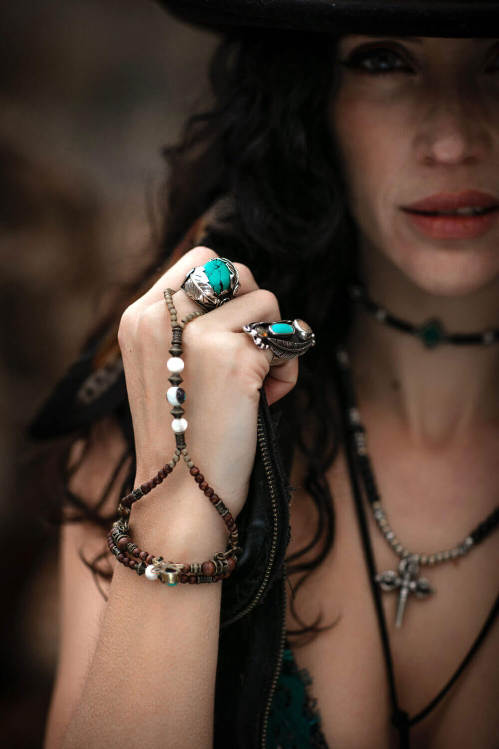 Turquoise Brown Beaded Finger Bracelet - layered finger bracelet - elegant black and bronze detailed - bohemian gypsy style