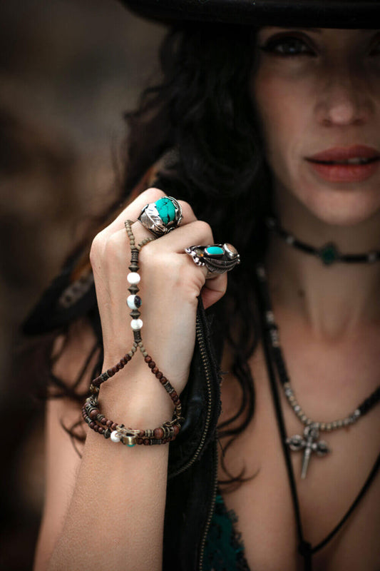 Turquoise Brown Beaded Finger Bracelet - layered finger bracelet - elegant black and bronze detailed - bohemian gypsy style