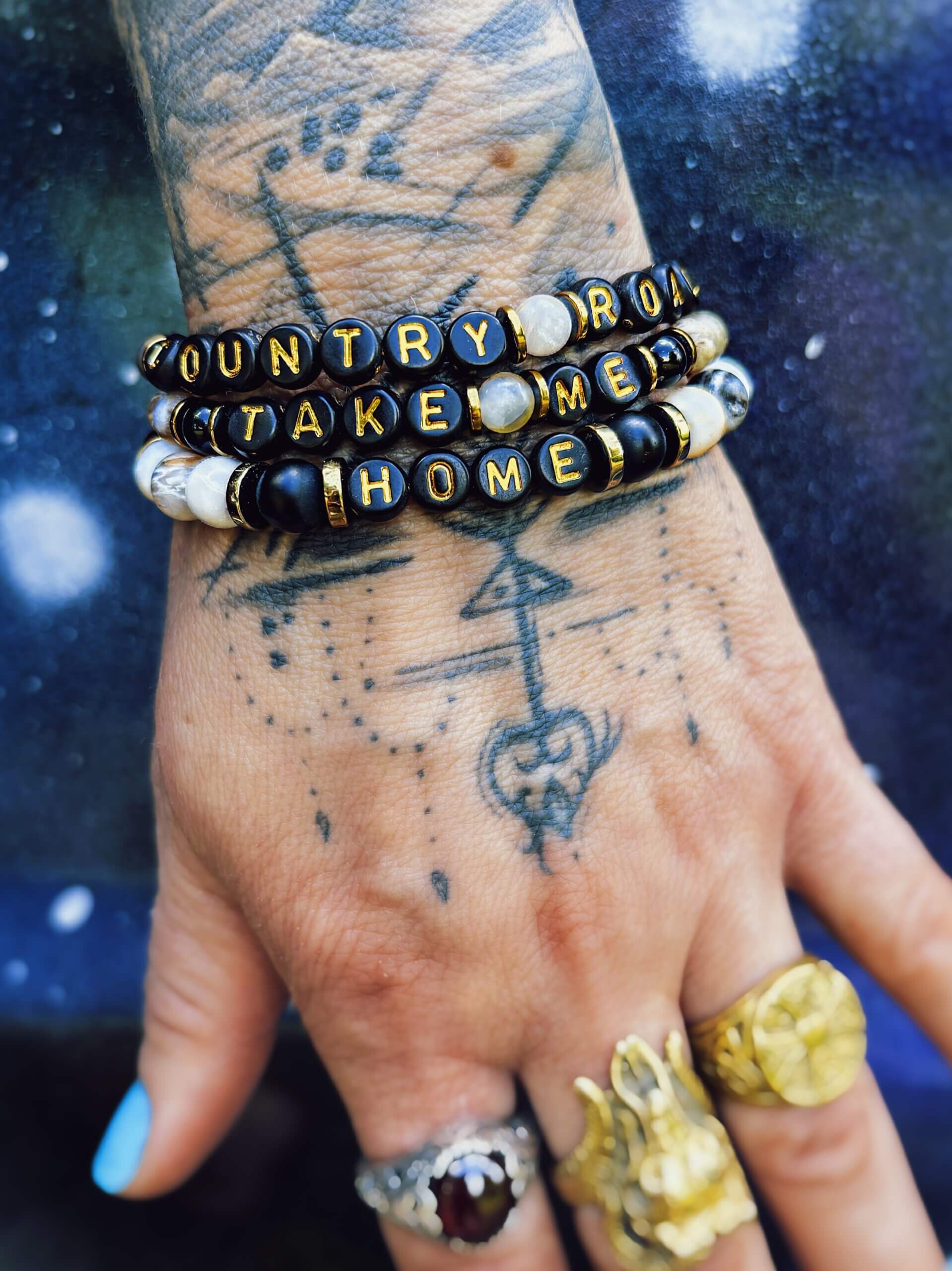 Lyric Beaded Bracelets - Country Roads - 3 Layered Stack Set - Country Music Style - Lava Stone - Jasper - Agate - Unisex - Rock n Roll