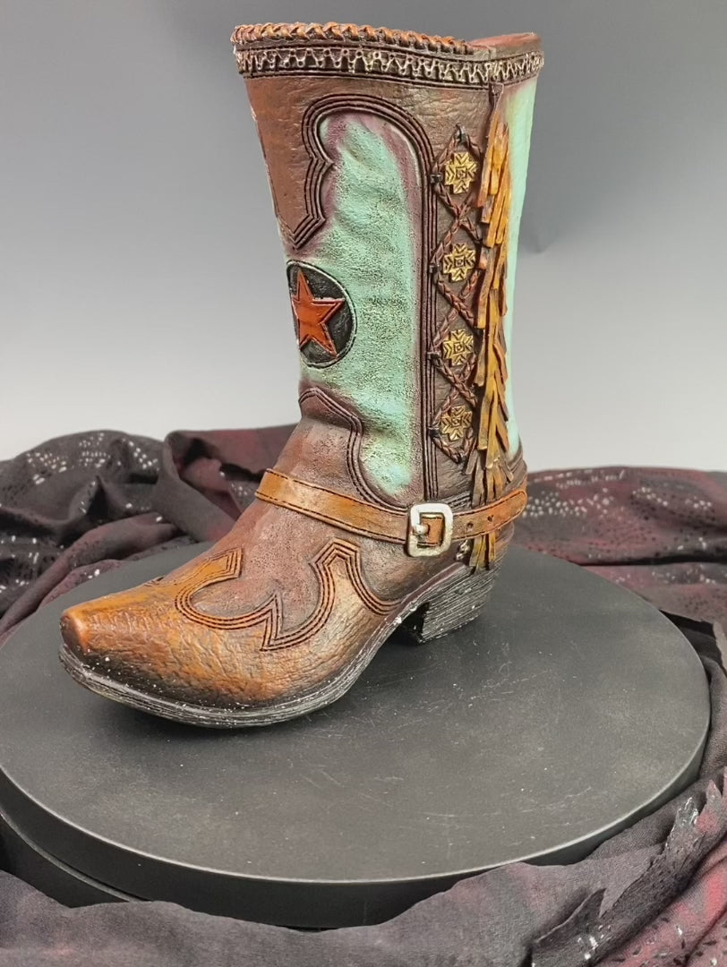 Medium Cowboy Boot Vase - brown & turquoise cowboy boot vase with accents, western style flower arrangement vase, realistic boot vase