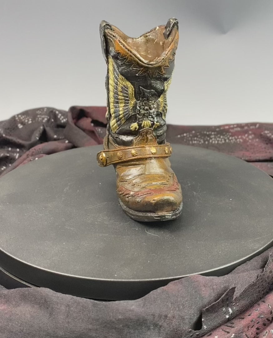 Small Cowboy Boot Vase - version 3 - brown cowboy boot vase with realistic accents, western style flower vase, realistic boot vase