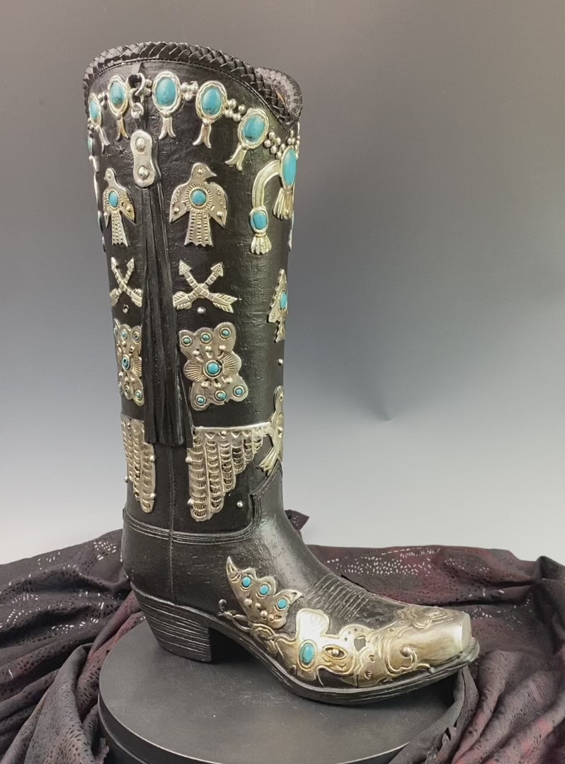Large Cowboy Boot Vase - black & silver cowboy boot vase with turquoise accents, western style flower arrangement vase, realistic boot vase