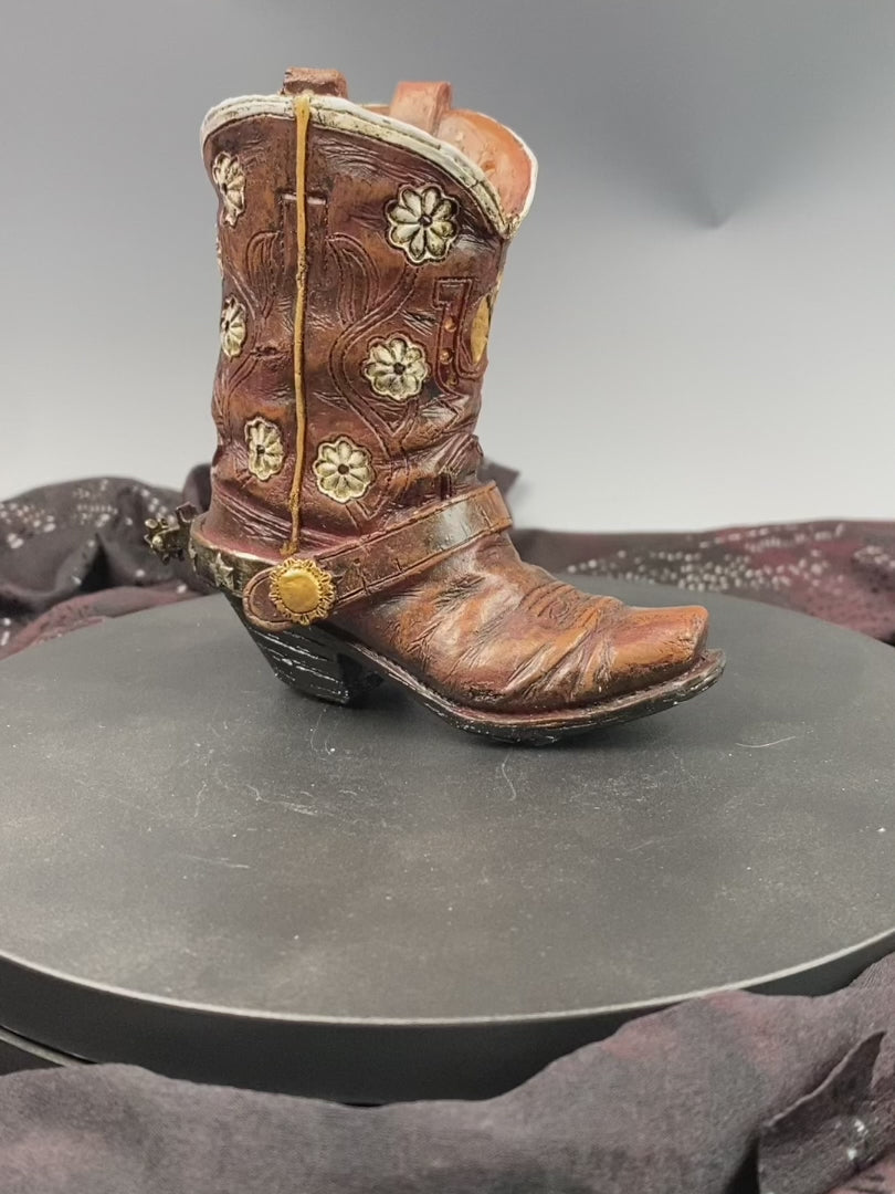 Small Cowboy Boot Vase - version 4 - brown cowboy boot vase with a horse accent, western style flower vase, realistic boot vase