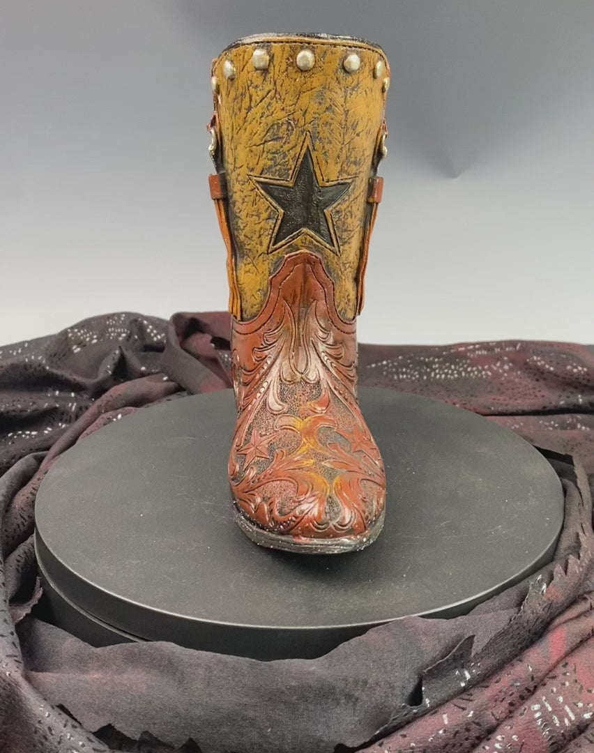 Medium Cowboy Boot Vase - brown & turquoise cowboy boot vase with accents, western style flower arrangement vase, realistic boot vase