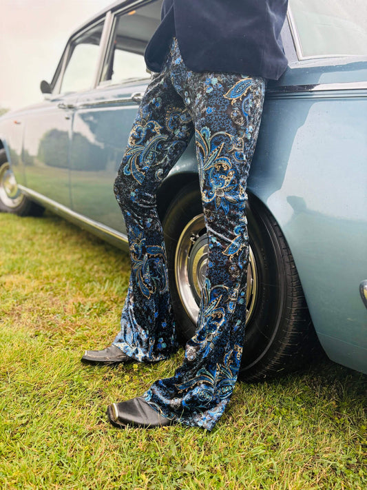 Electric Blue Paisley High Waisted Stretch Velvet Bell Bottoms