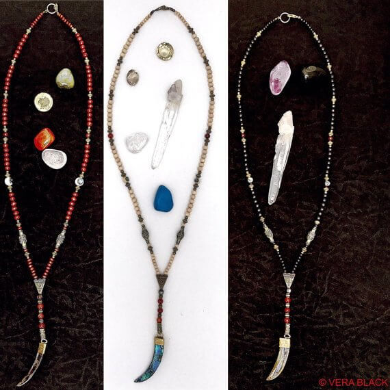 long beaded necklace with antique bronze detailing and wood beading