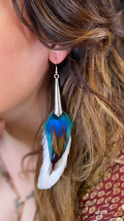 The Starburst Feather Earring Set, white feather earrings, teal, red garnet stone, boho style earrings, elegant asymmetrical earrings