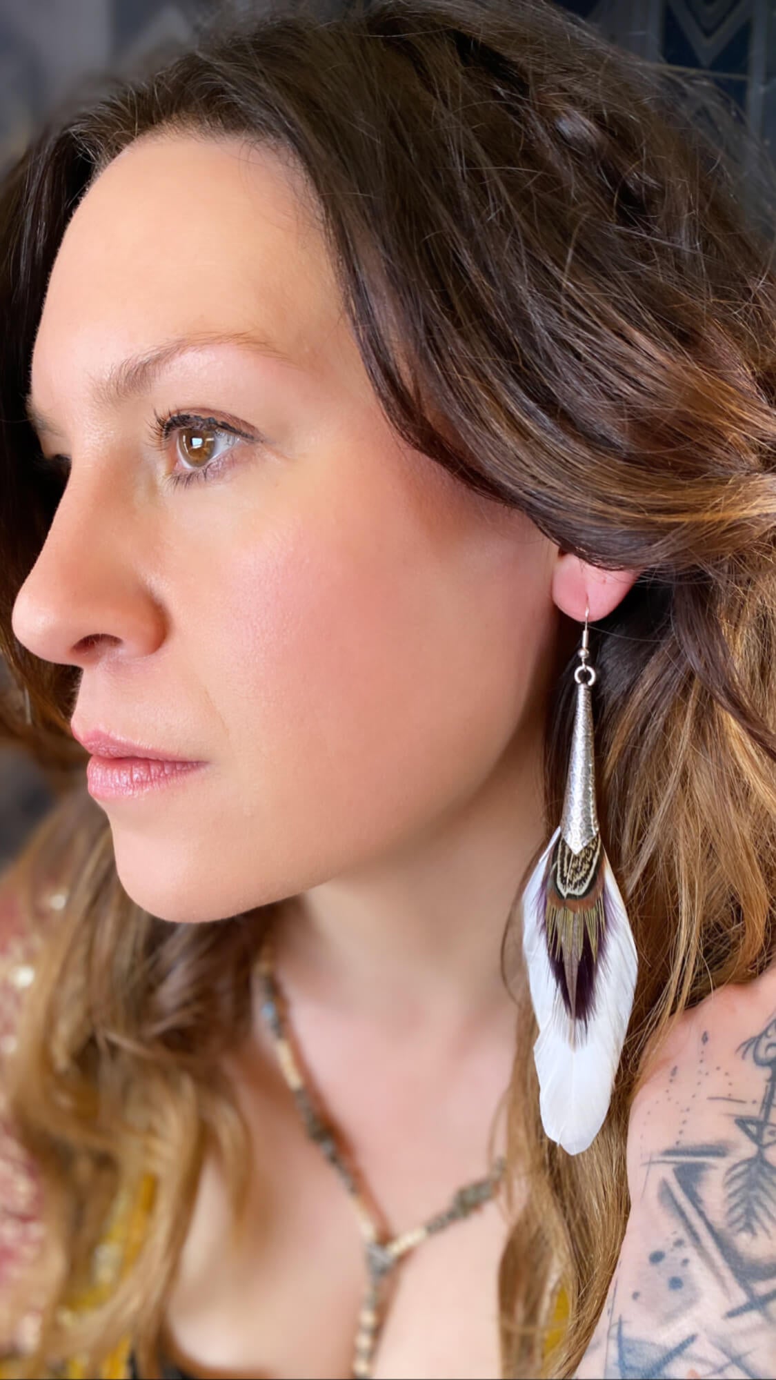 The Harlequin Earring Set - White and purple natural feather earrings with amethyst stone, asymmetrical pair of boho rock n roll earrings