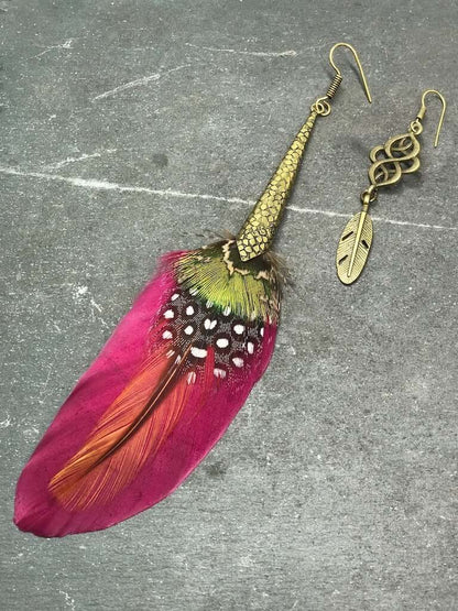 Flamingo Pink and Bronze Feather Earrings