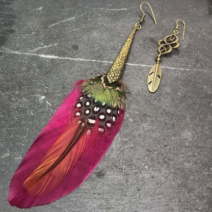 Flamingo Pink and Bronze Feather Earrings