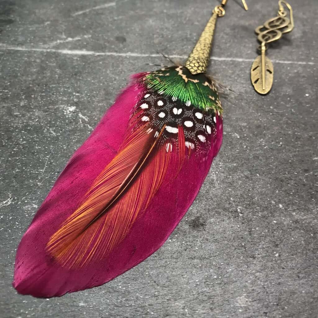 Flamingo Pink and Bronze feather earrings