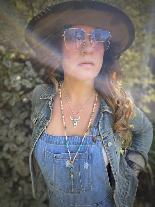 Turquoise Buffalo Necklace Set, boho cowgirl style necklace, steer skull necklace, layered necklace set for women festival style burning man