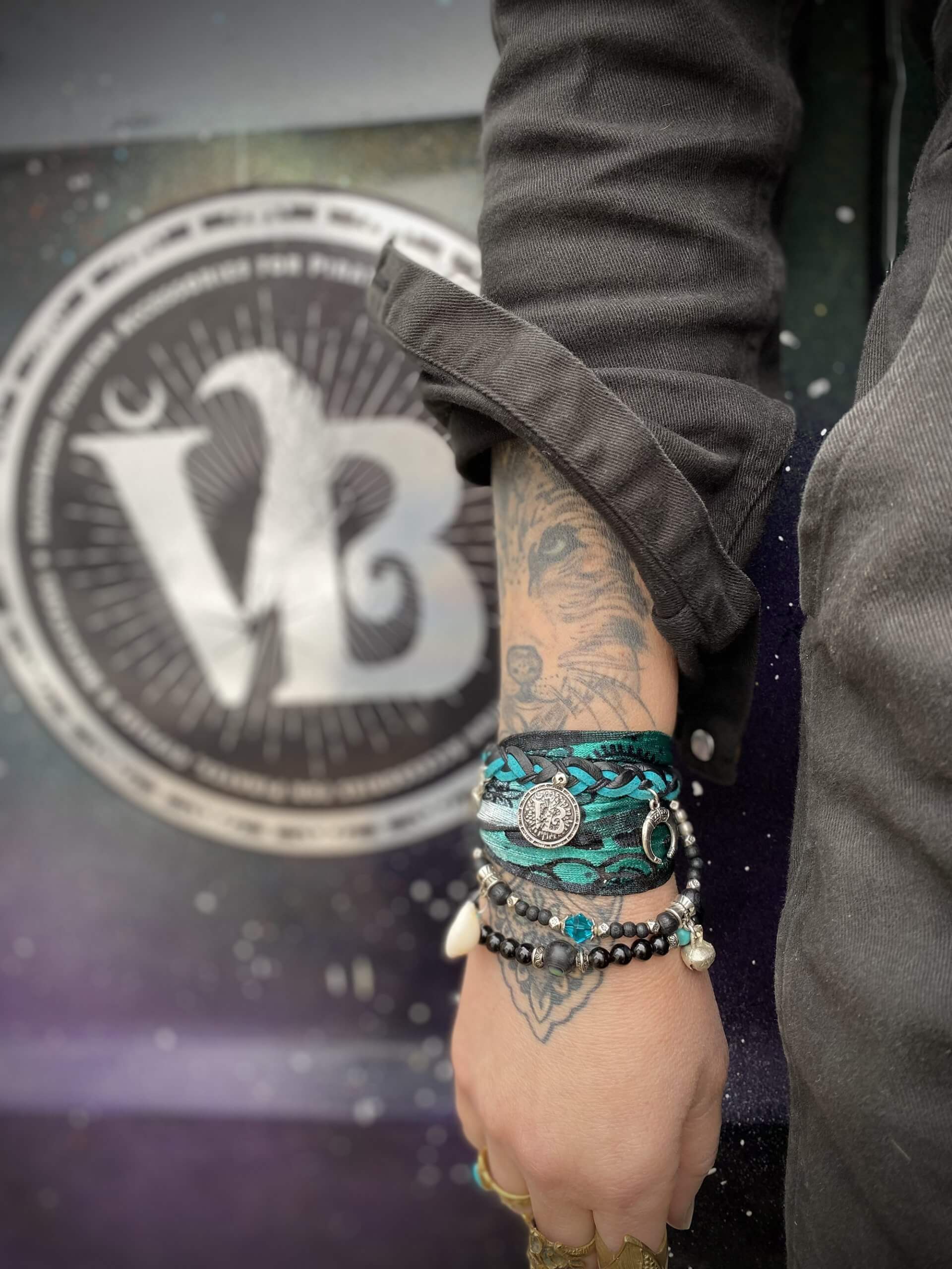 The Azure Cuff Bracelet Set Pirate Layered Gypsy Fabric Wrist Wrap Unisex Bracelet Set For Men And Women Rock n Roll Style Turquoise