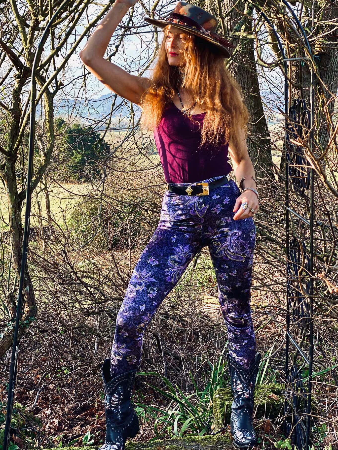 Deep Purple Paisley High Waisted Stretch Velvet Leggings