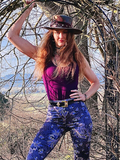 Deep Purple Paisley High Waisted Stretch Velvet Leggings