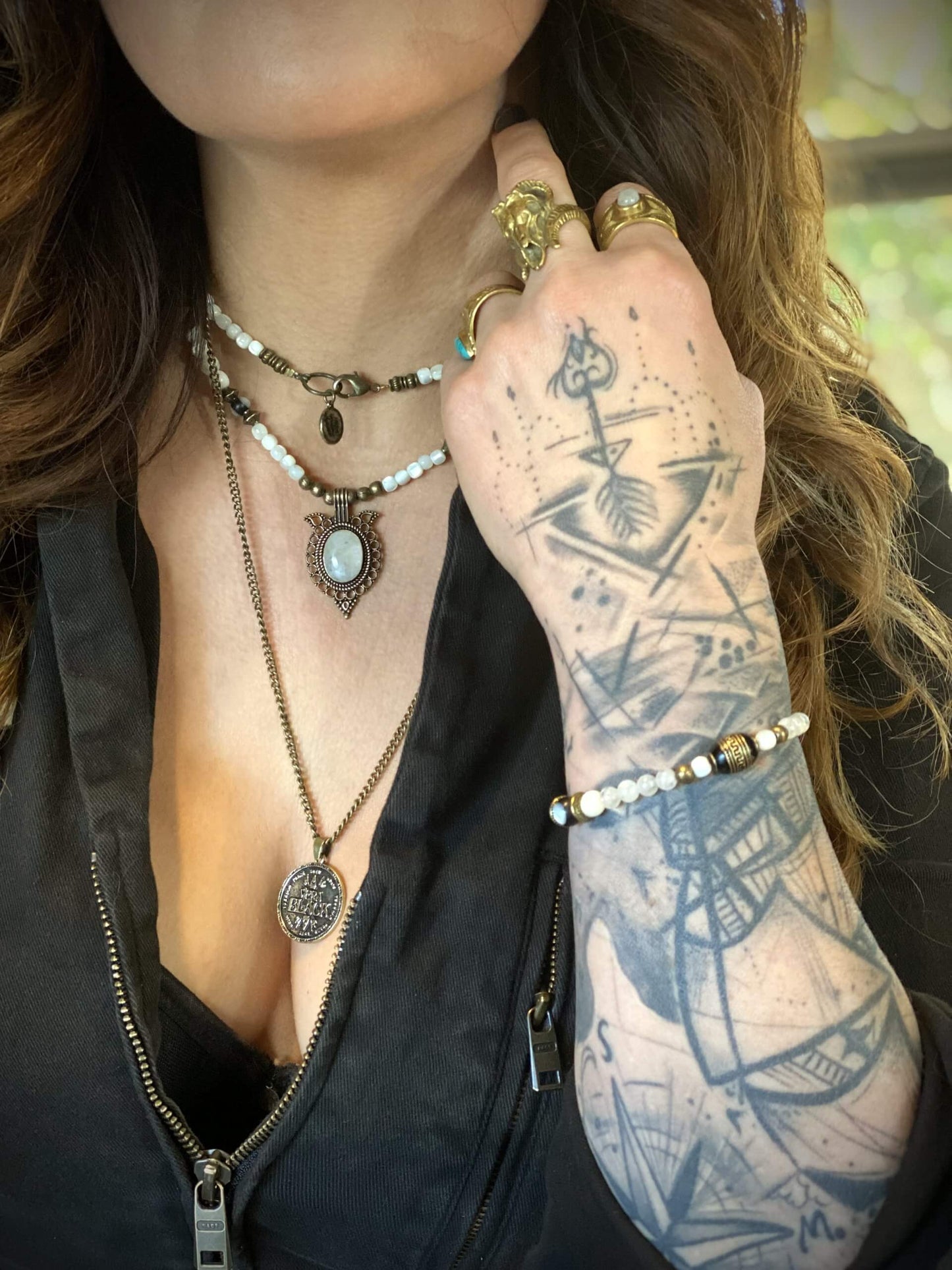 The Halo Necklace & Bracelet Set - troca shell moonstone beaded tribal bohemian rock n roll shamanic pirate jewellery set unisex white