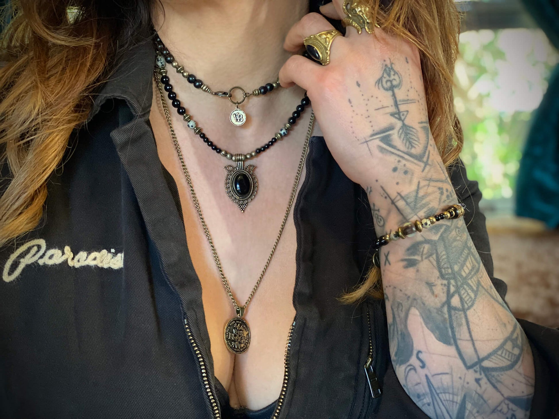 The Enchanter Beaded Necklace and Bracelet Set - ebony wood black onyx beaded tribal bohemian rock n roll shamanic pirate jewellery set