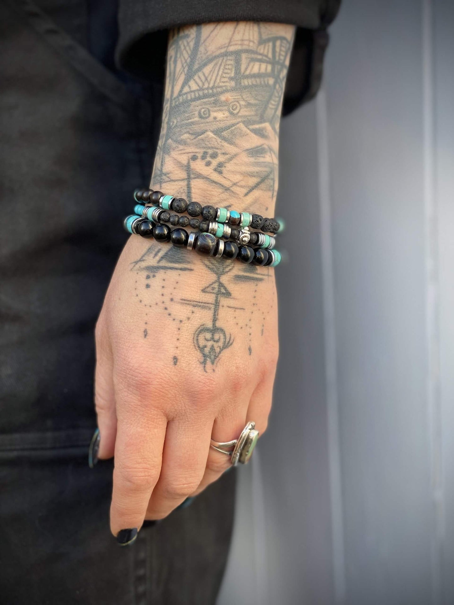 The Navajo Bracelet Stack - layered unisex blue black and silver bracelet set, rock n roll style bracelet stack, blue howlite