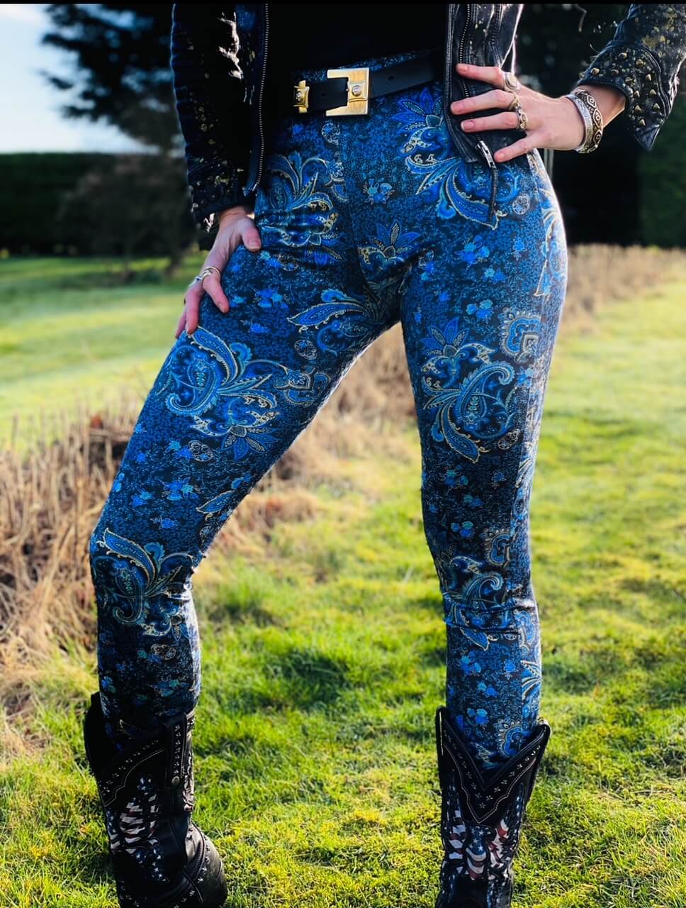 Electric Blue Paisley High Waisted Stretch Velvet Leggings