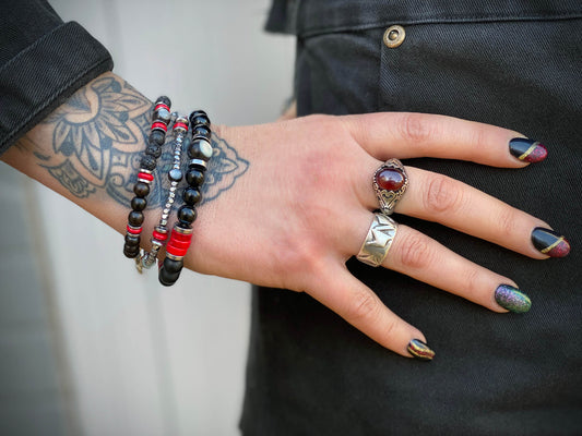 The Rattlesnake Bracelet Set - layered red black and silver bracelet set, rock n roll style bracelet stack, red coral black onyx & hematite