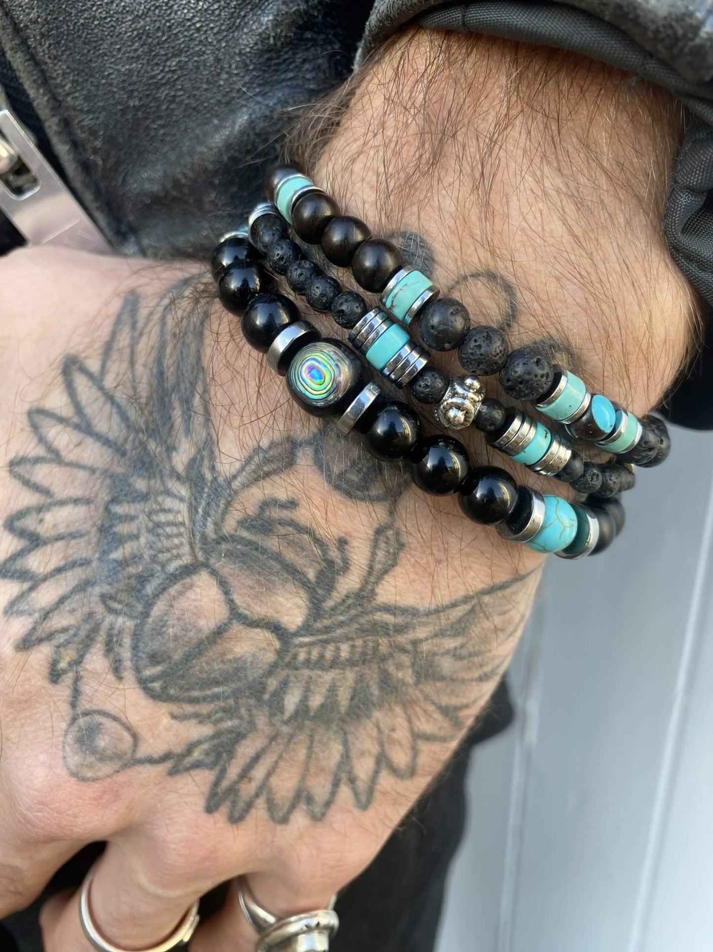 The Navajo Bracelet Stack - layered unisex blue black and silver bracelet set, rock n roll style bracelet stack, blue howlite