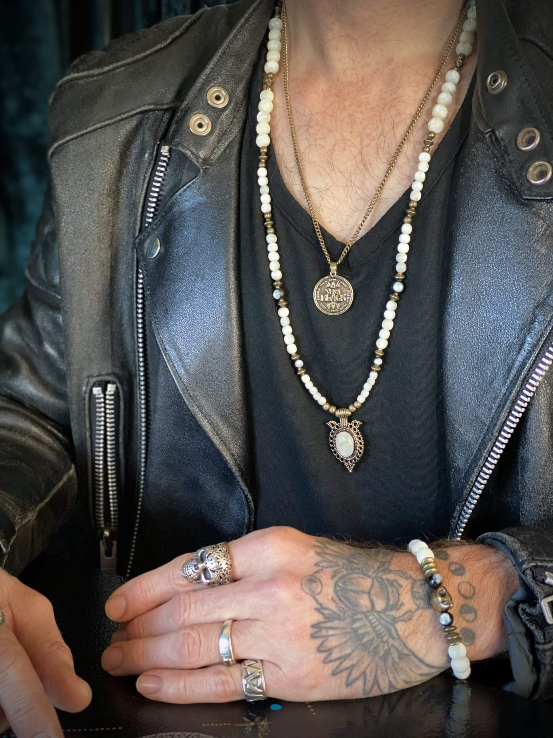 The Harlo Men's Necklace & Bracelet Set - troca shell moonstone beaded tribal bohemian rock n roll shamanic pirate jewellery set unisex