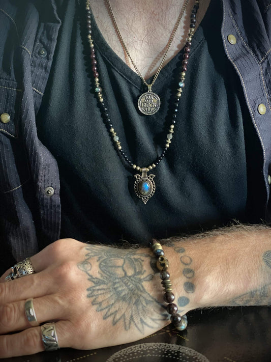 The Raven Beaded Necklace & Bracelet Set - ebony wood labradorite beaded tribal bohemian rock n roll shamanic pirate jewellery set