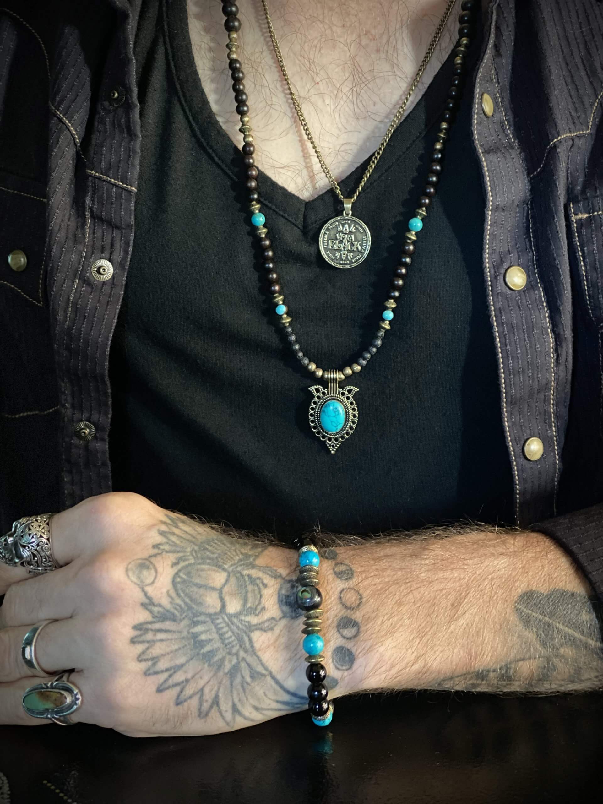 The Desert Sea Necklace and Bracelet Set - ebony wood turquoise beaded tribal bohemian rock n roll shamanic pirate jewellery set