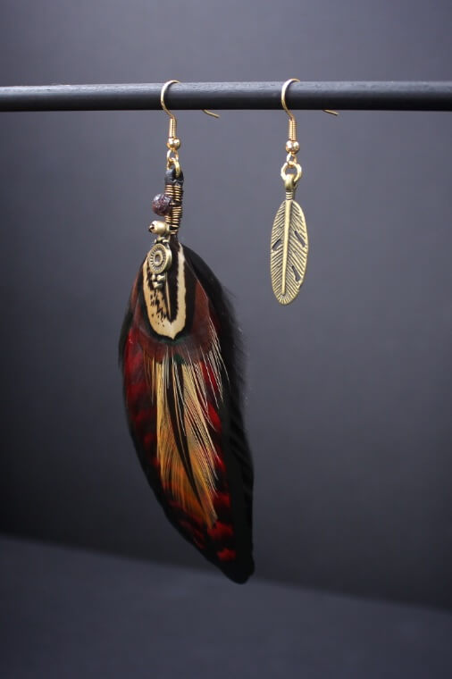 Red & Bronze Detailed Feather Earring Set, natural feather earrings, boho style earrings, hippie style earrings, tribal style earrings