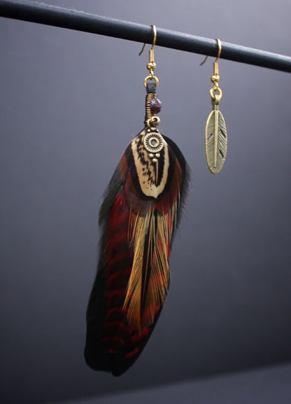 Red & Bronze Detailed Feather Earring Set, natural feather earrings, boho style earrings, hippie style earrings, tribal style earrings