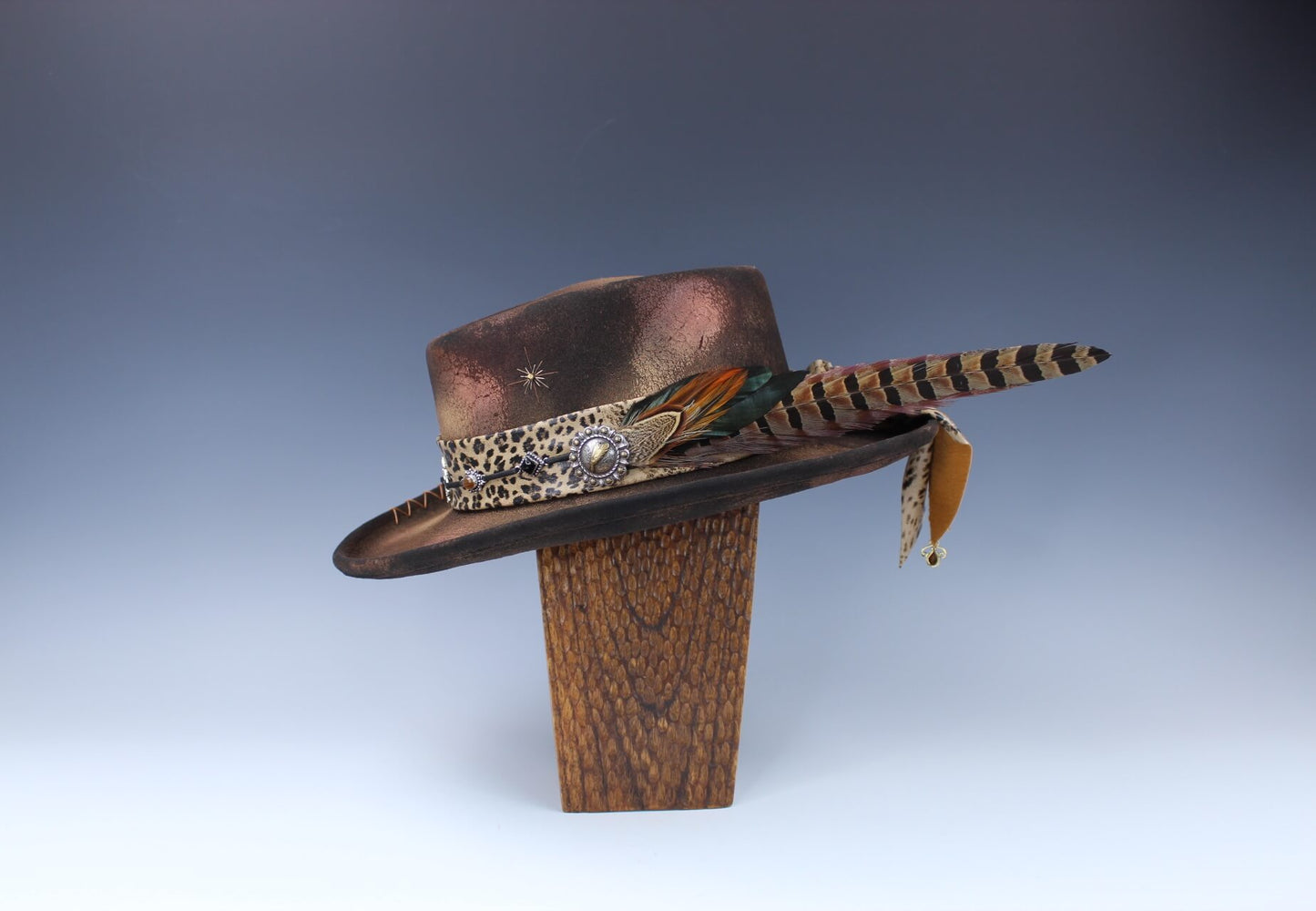 The Azteca Gambler Hat - Wool Felt Fedora, Country Western Cowboy Cowgirl Style Hat, Custom Distressed Burn Effect Festival Hat