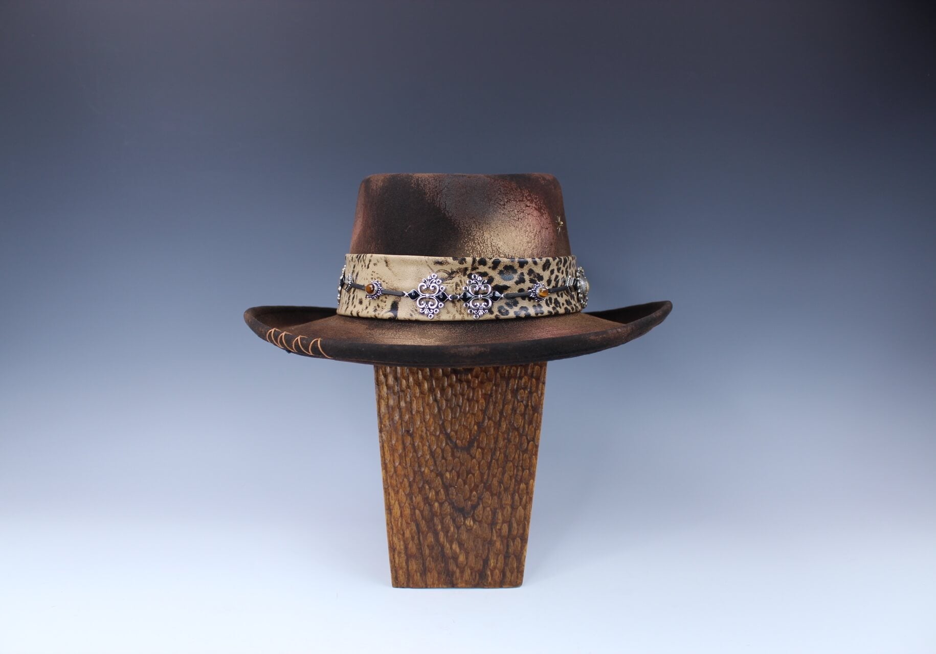 The Azteca Gambler Hat - Wool Felt Fedora, Country Western Cowboy Cowgirl Style Hat, Custom Distressed Burn Effect Festival Hat