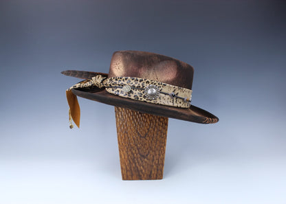 The Azteca Gambler Hat - Wool Felt Fedora, Country Western Cowboy Cowgirl Style Hat, Custom Distressed Burn Effect Festival Hat