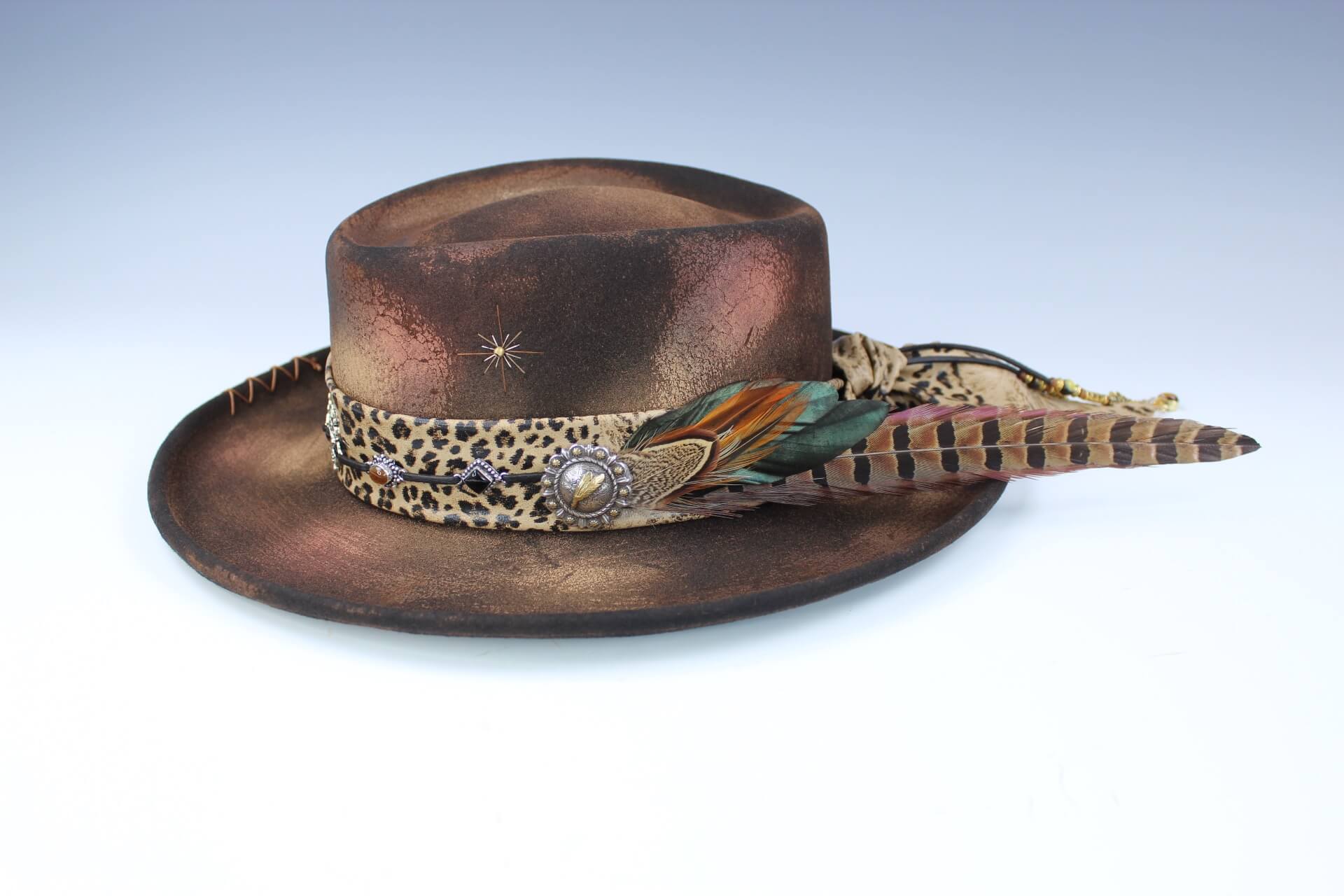 The Azteca Gambler Hat - Wool Felt Fedora, Country Western Cowboy Cowgirl Style Hat, Custom Distressed Burn Effect Festival Hat